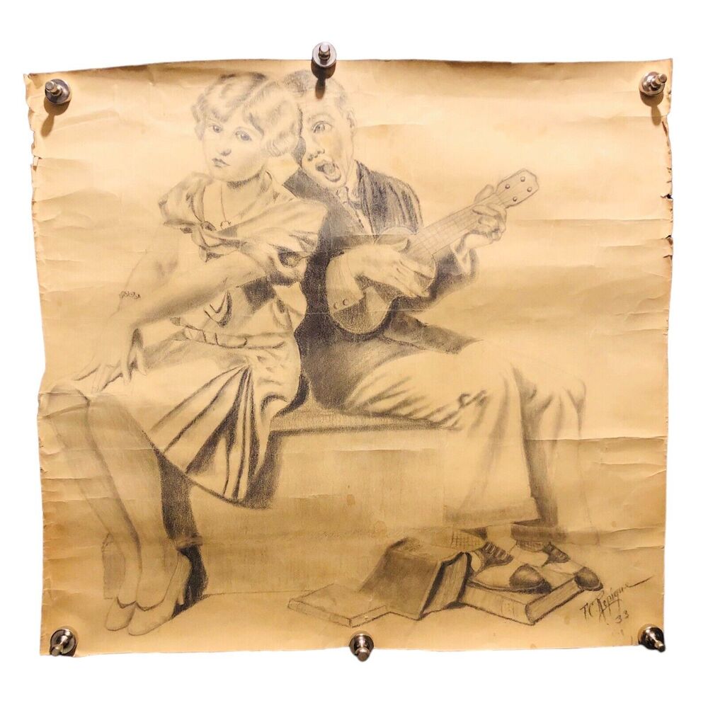 1933 Pencil On Paper Sketch Art Children Boy Girl Guitar Singing Nursery Signed